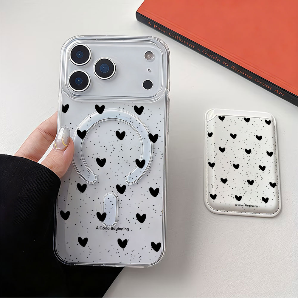 Leather Wallet Card Holder Phone Cover - Full screen Polka Dot Heart For